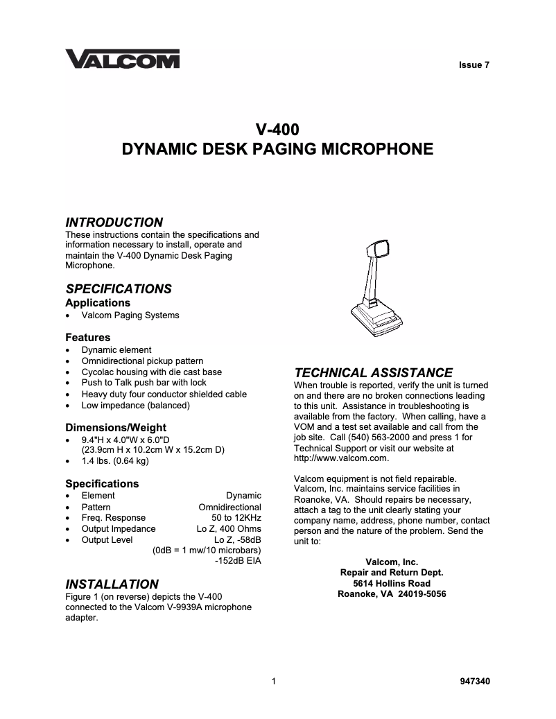 Image de la première page du manuel de l'appareil V-400