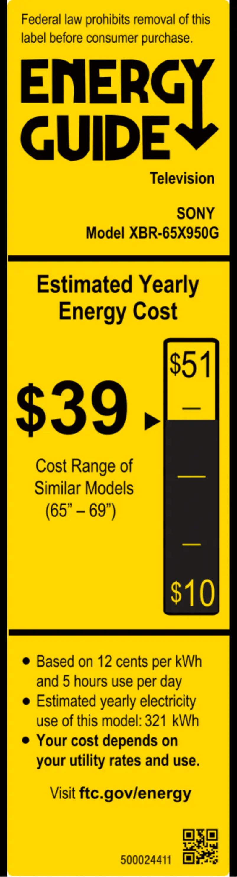 Page 1 de la notice Label énergétique Sony XBR-65X950G