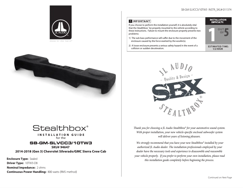 Image de la première page du manuel de l'appareil Stealthbox SB-GM-SLVCC3/10TW3/BK2