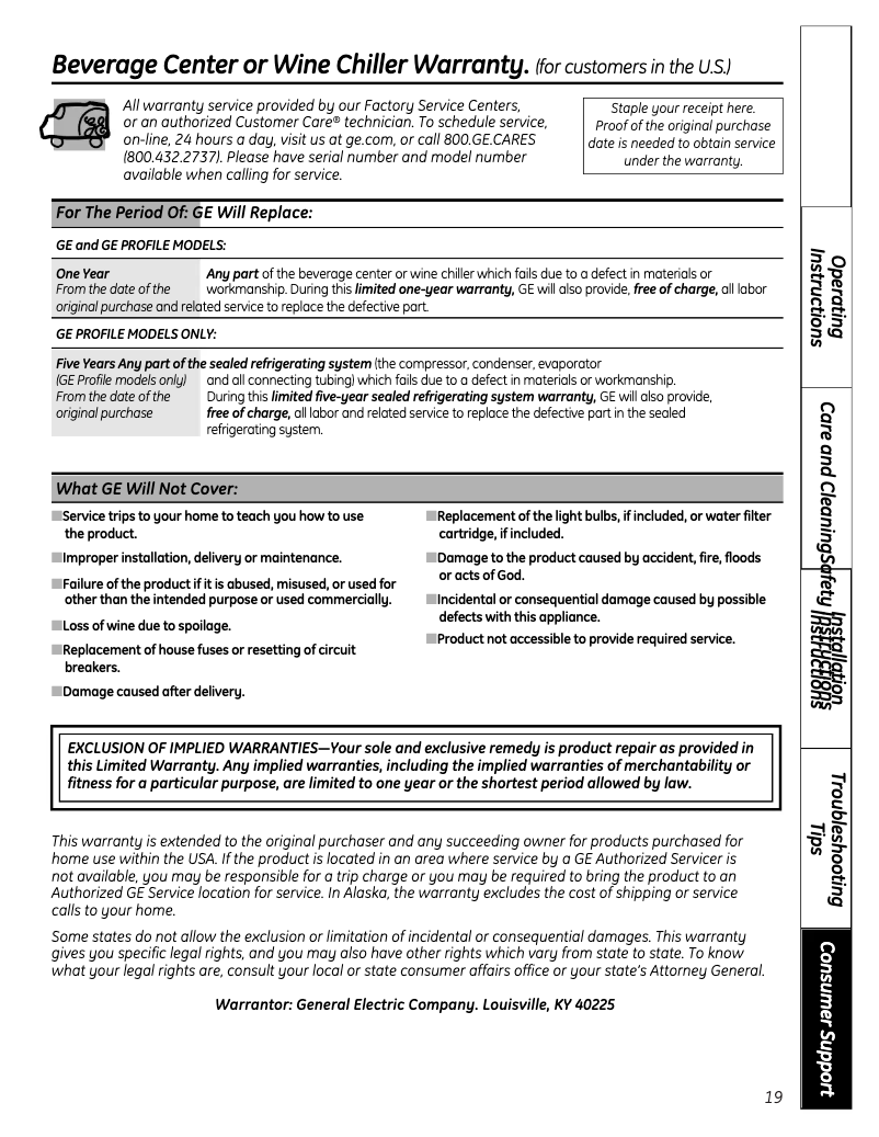 Página 1 del manual Información de garantía GE GWS04HAESS
