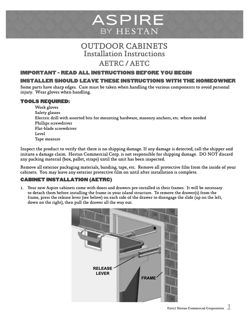 Page 1 de la notice Guide d'installation Hestan Aspire 20
