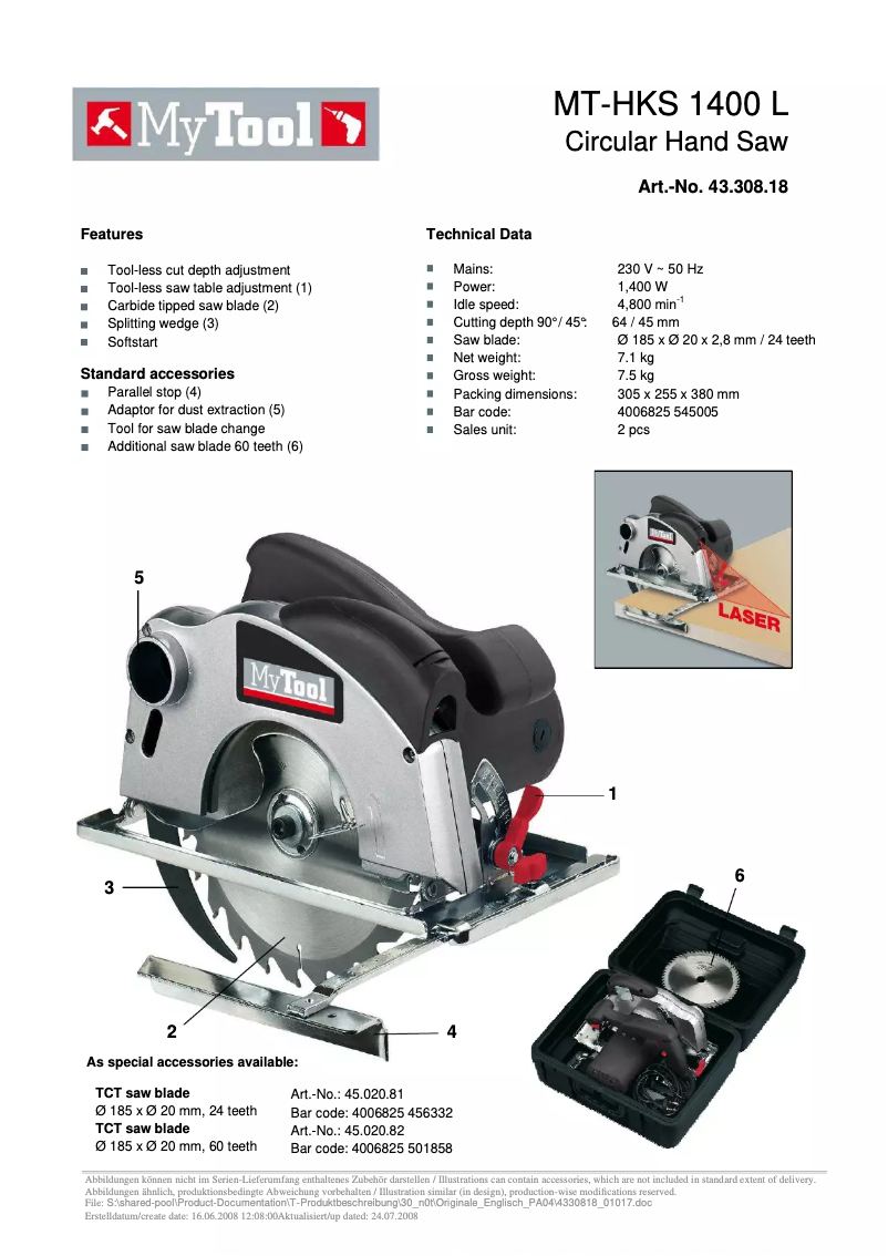 Page n°1 - Manuel utilisateur MyTool MT-HKS 1400 L