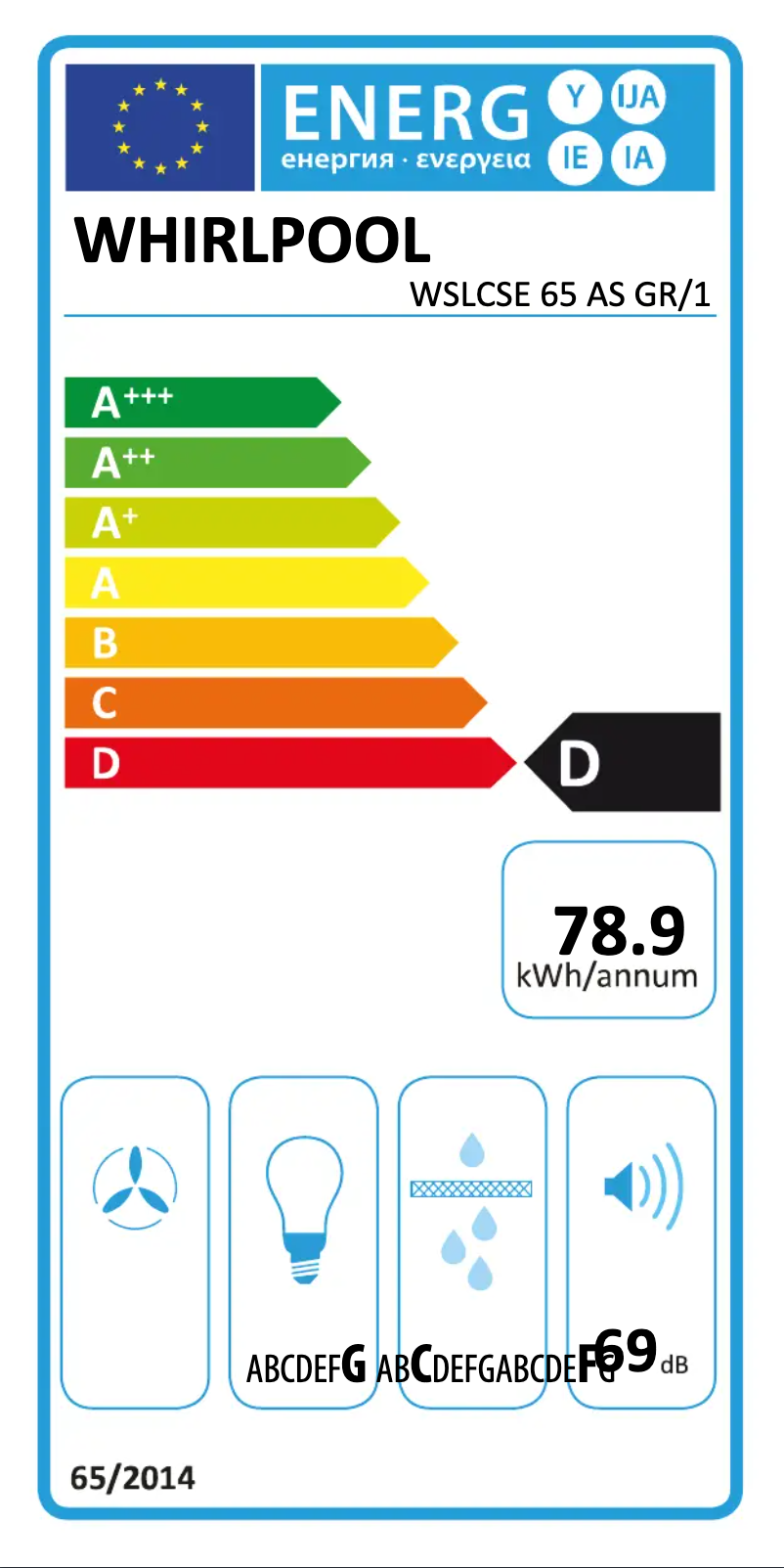 Page 1 de la notice Label énergétique Whirlpool WSLCSE 65 AS GR/1