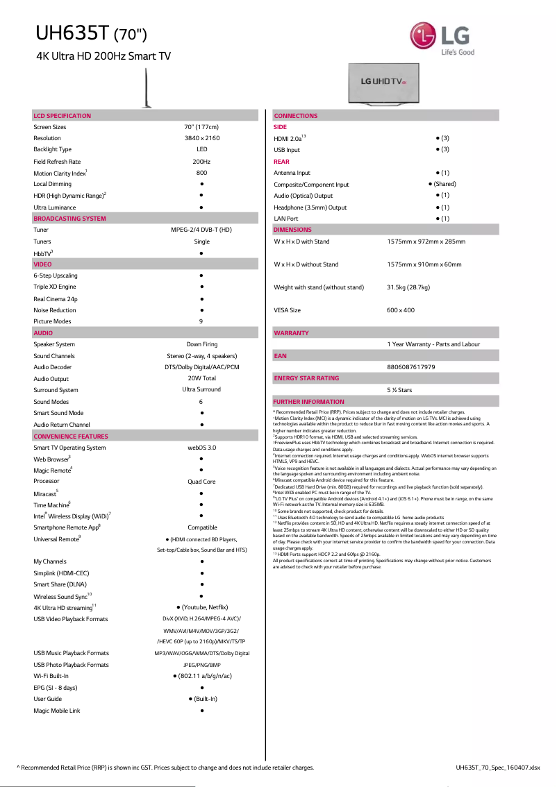 Página 1 del manual Ficha técnica LG 70UH635T