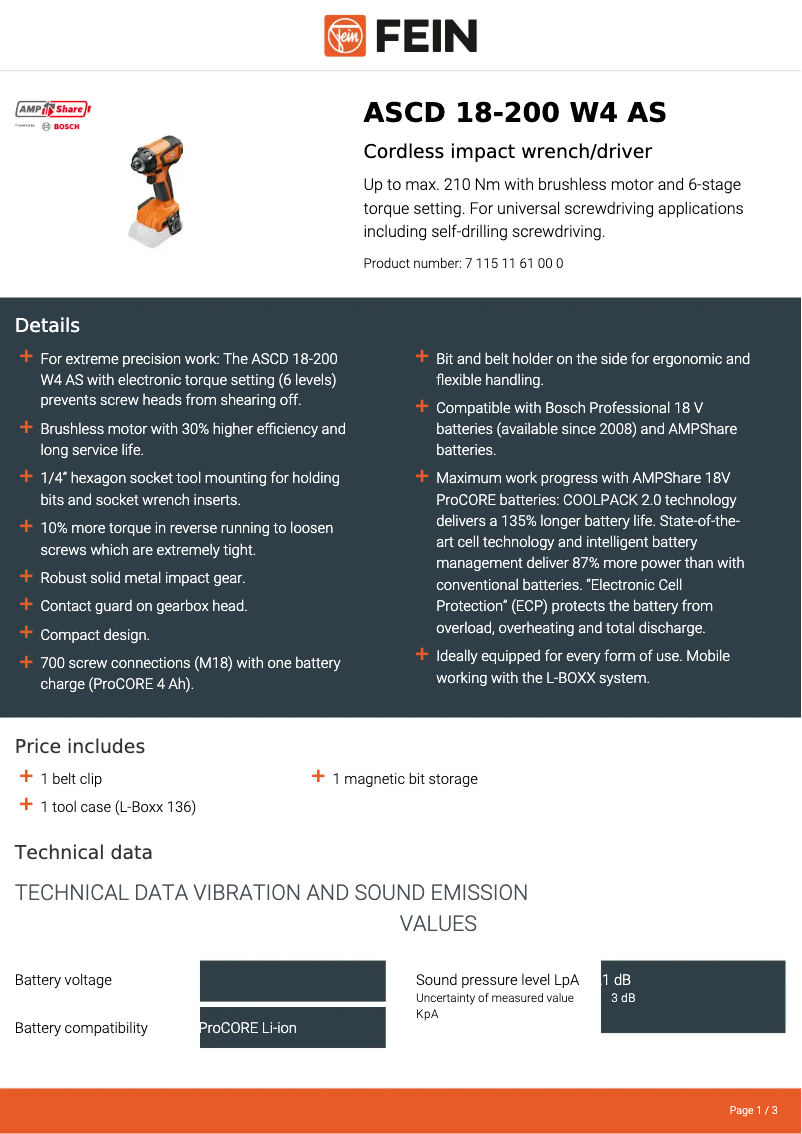 Page n°1 - Fiche technique Fein ASCD 18-200 W4