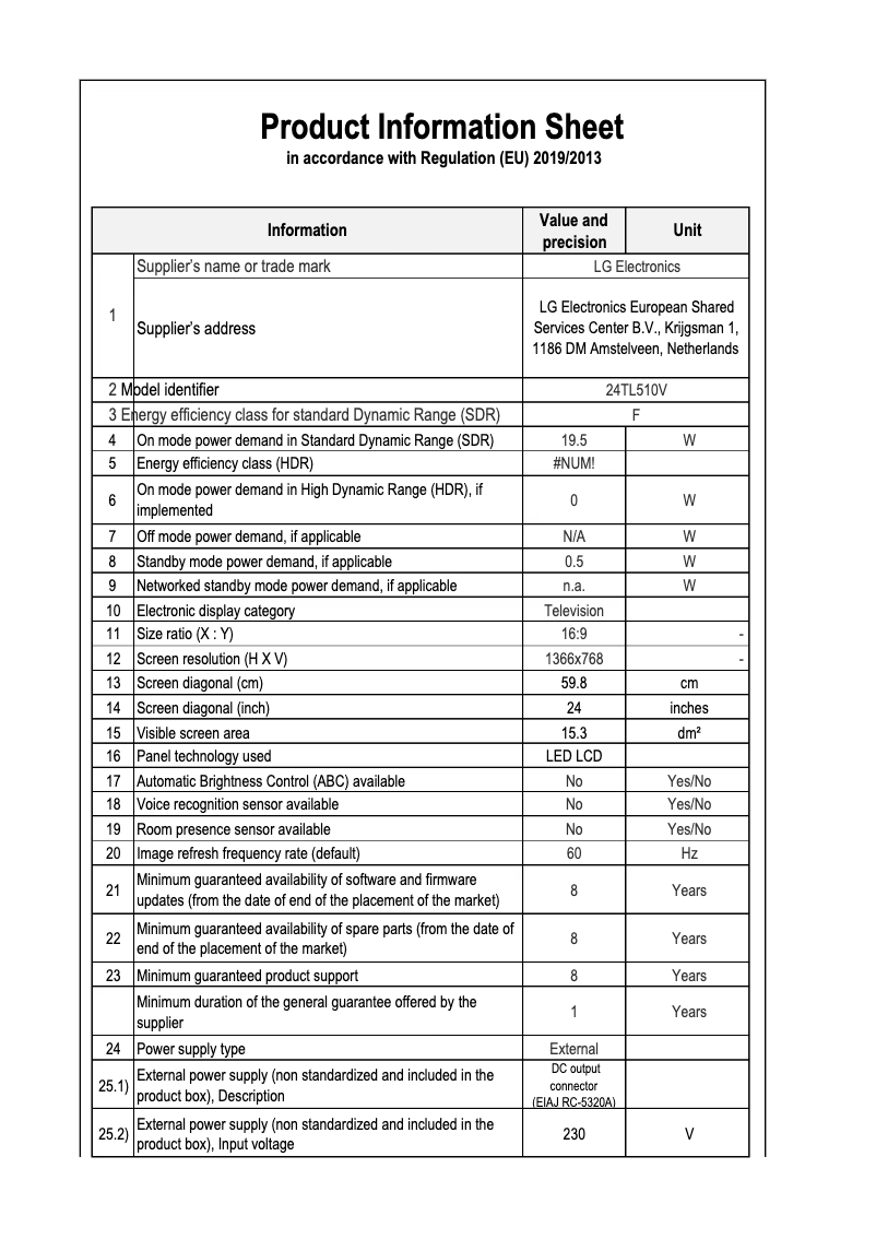 Page 1 de la notice Manuel utilisateur LG 24TL510V