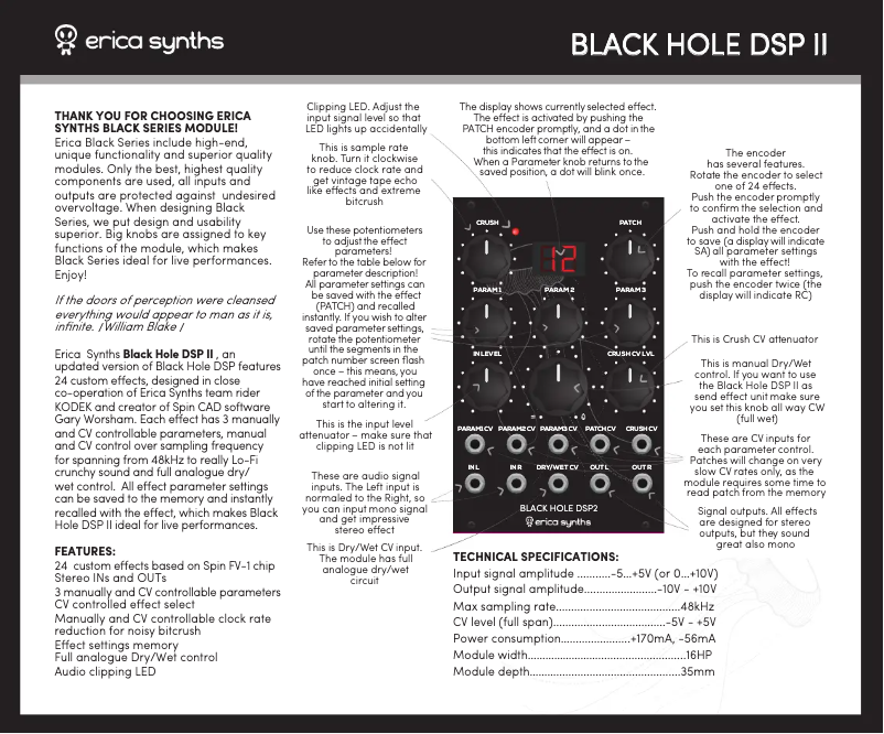 Page 1 de la notice Manuel utilisateur Erica Synths Black Hole DSP II