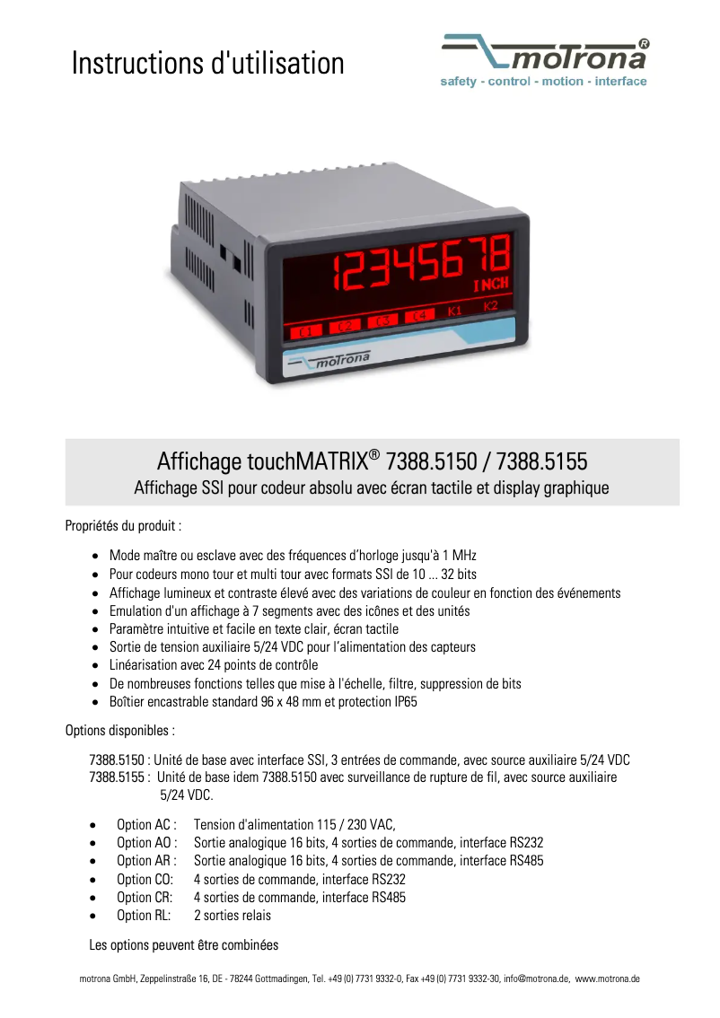 Page 1 de la notice Manuel utilisateur Motrona touchMATRIX 7388.5150