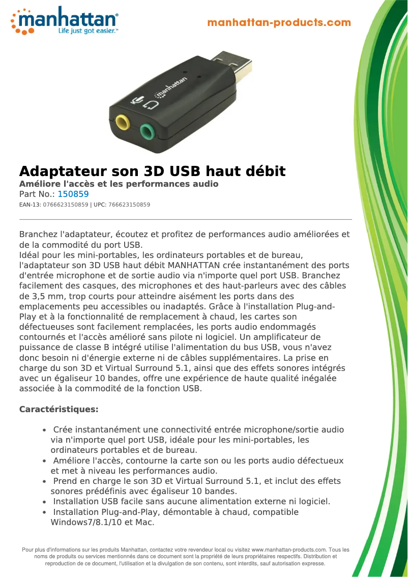 Page 1 de la notice Fiche technique Manhattan 150859