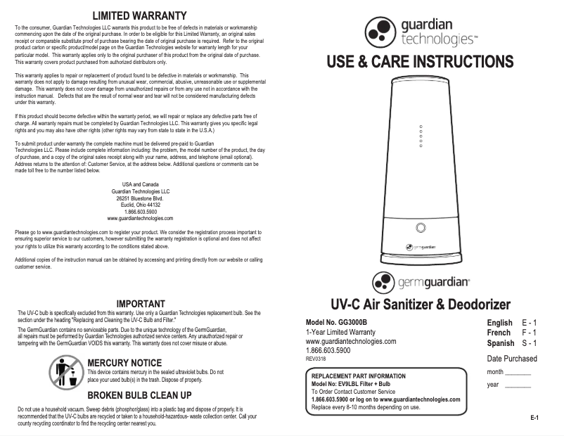 Page n°1 - Manuel utilisateur GermGuardian GG3000