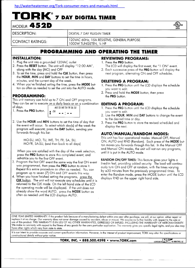 Page n°1 - Manuel utilisateur Tork 452D