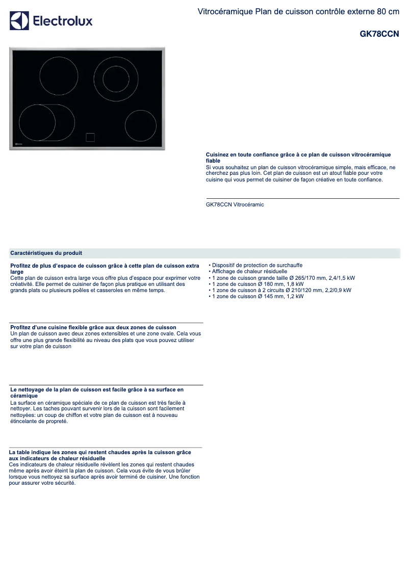 Page n°1 - Fiche technique Electrolux GK78CCN