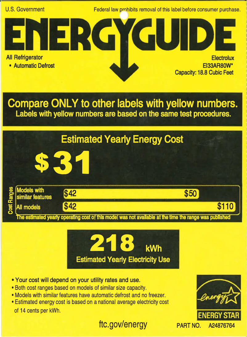Page 1 de la notice Label énergétique Electrolux EI33AR80WS