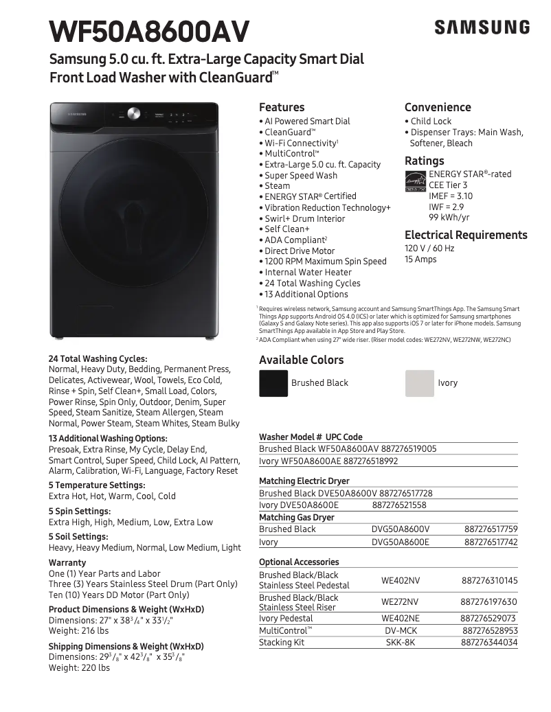 Page 1 de la notice Informations de garantie Samsung WF50A8600AV
