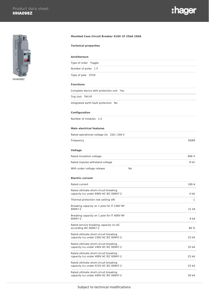 Page 1 de la notice Fiche technique Hager HHA098Z