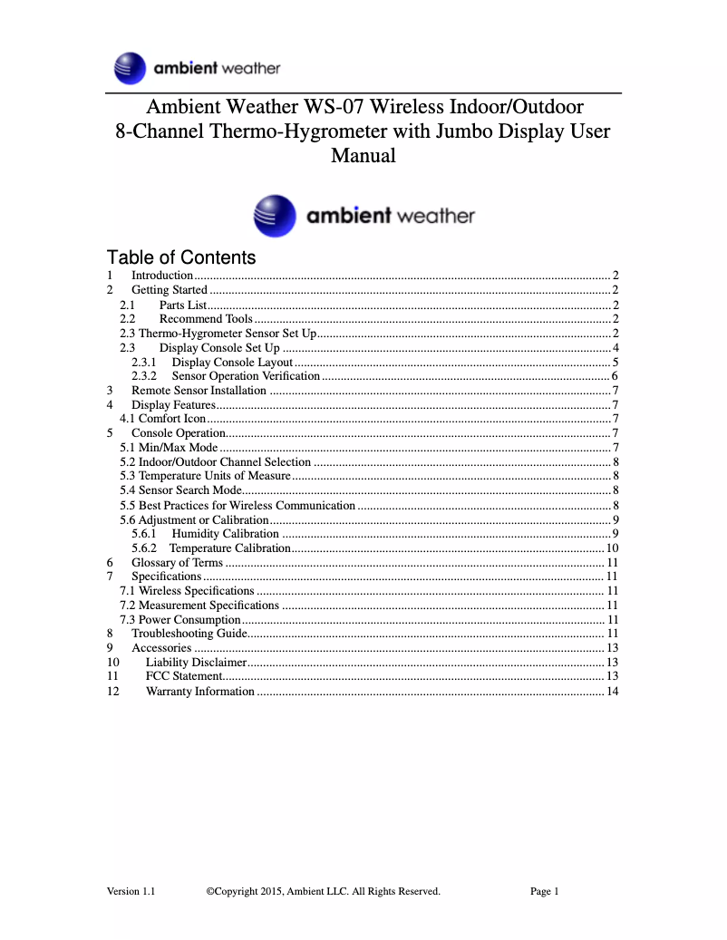 Page 1 de la notice Manuel utilisateur Ambient Weather WS-07