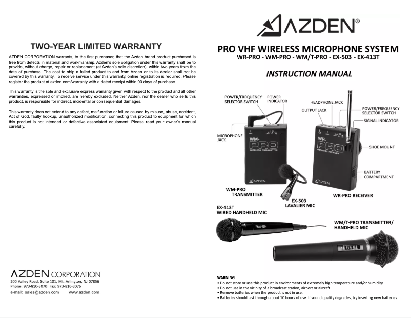 Page n°1 - Manuel utilisateur Azden WMS-PRO