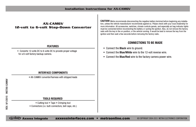Page n°1 - Guide d'installation Metra AX-CAM6V