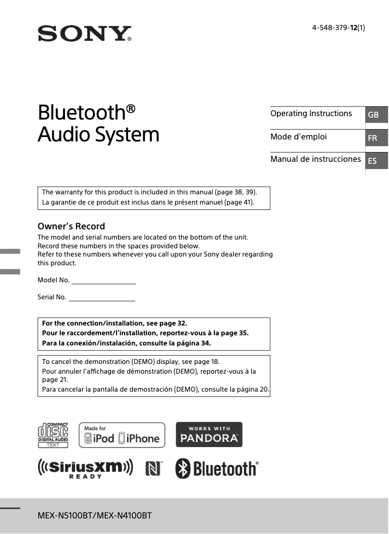 Page 1 de la notice Manuel utilisateur Sony MEX-N4100BT
