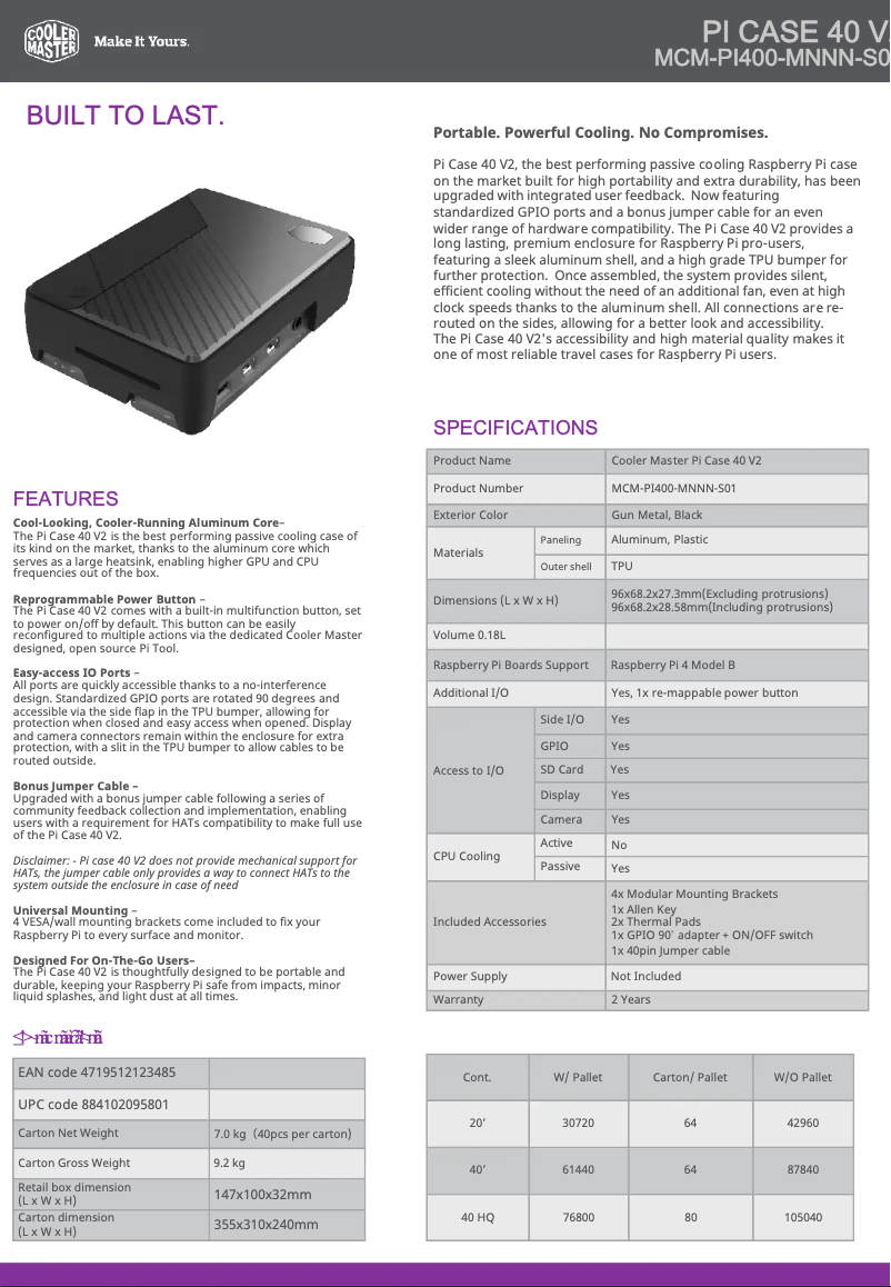 Page n°1 - Fiche technique Cooler Master Pi Case 40 V2
