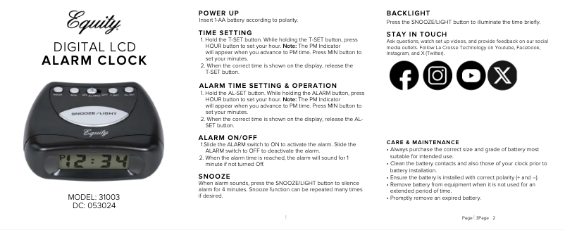 Page 1 de la notice Manuel utilisateur La Crosse Technology 31003