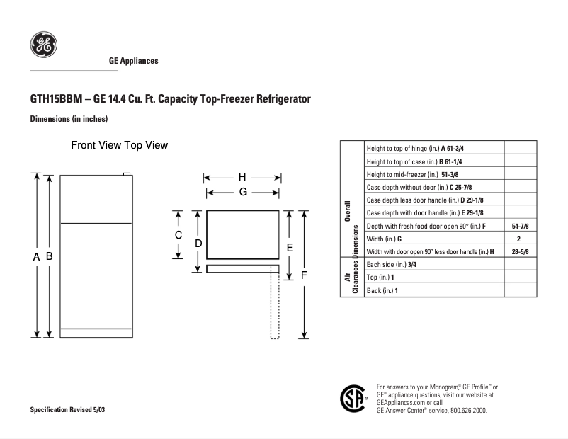 Page 1 de la notice Fiche technique GE GTH15BBMLWW