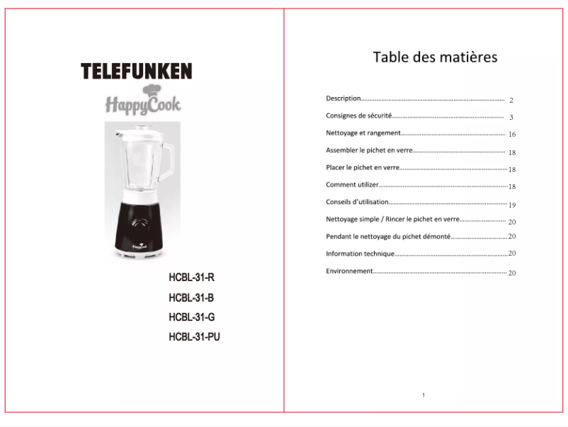 Page 1 de la notice Manuel utilisateur Telefunken HappyCook HCBL-31-G