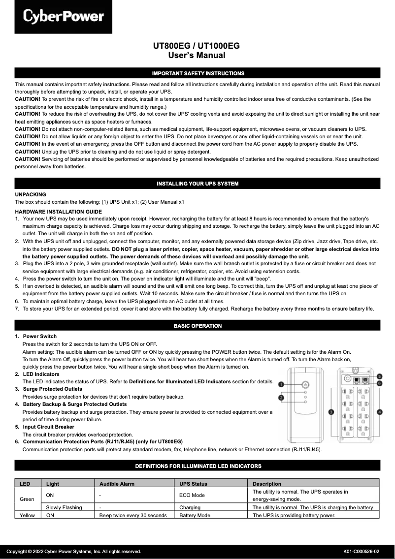 Page 1 de la notice Manuel utilisateur CyberPower UT800EG