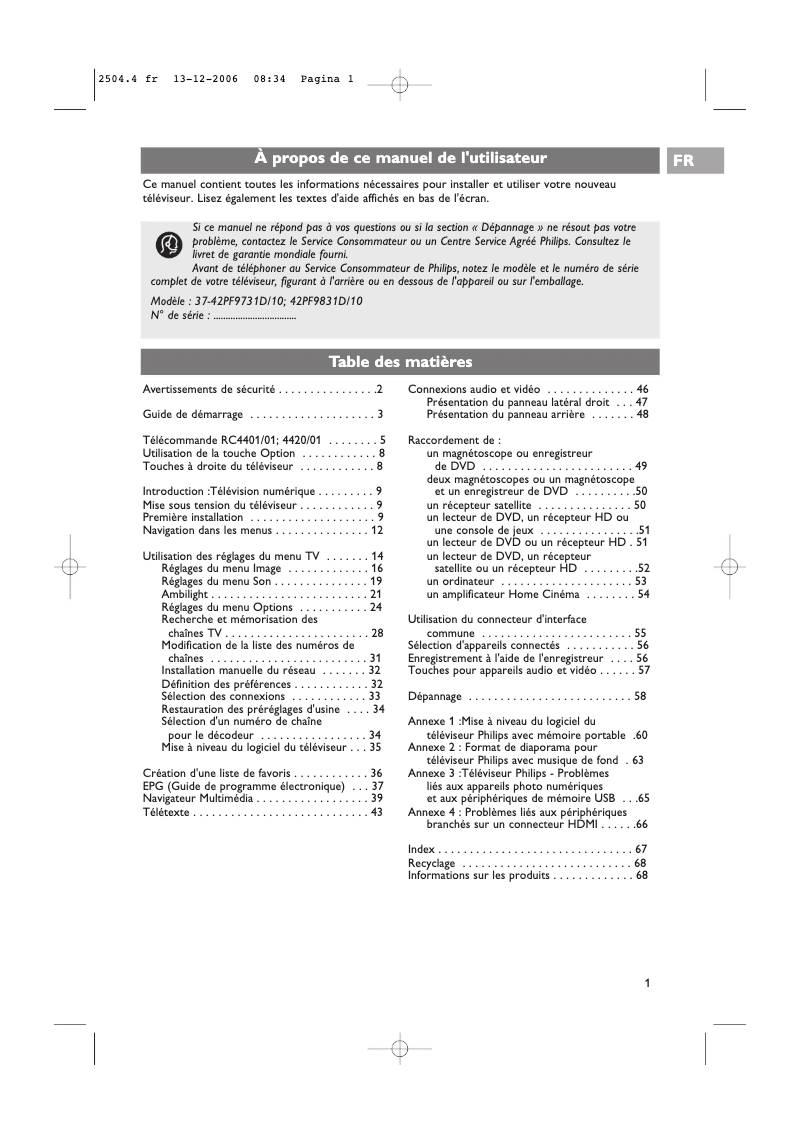 Page 1 de la notice Manuel utilisateur Philips Cineos 42PF9731D