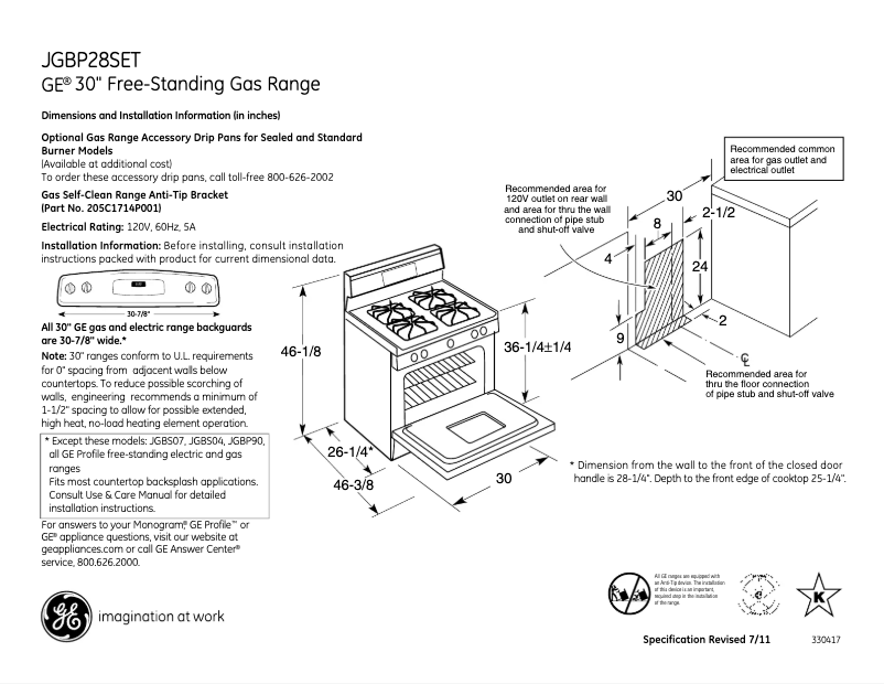 Page 1 de la notice Fiche technique GE JGBP28SETSS
