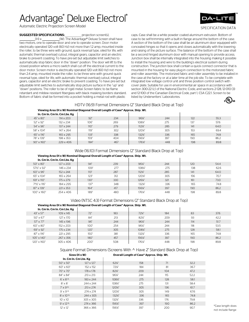 Page 1 de la notice Brochure Da-Lite Advantage Deluxe Electrol