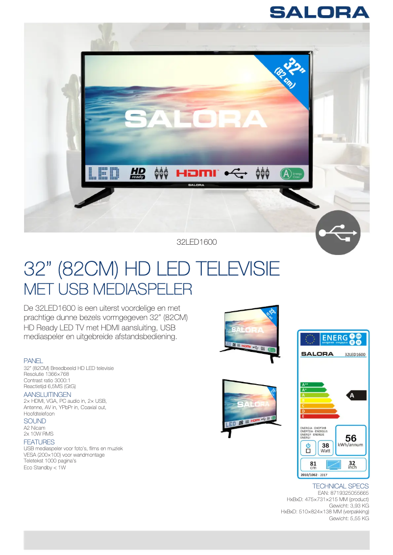 Page 1 de la notice Fiche technique Salora 32LED1600