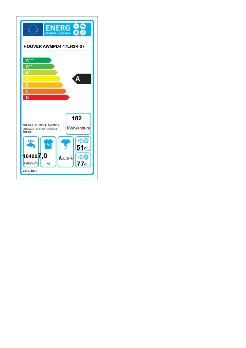 Page n°1 - Label énergétique Hoover AXI AWMPD4 47LH3R-07