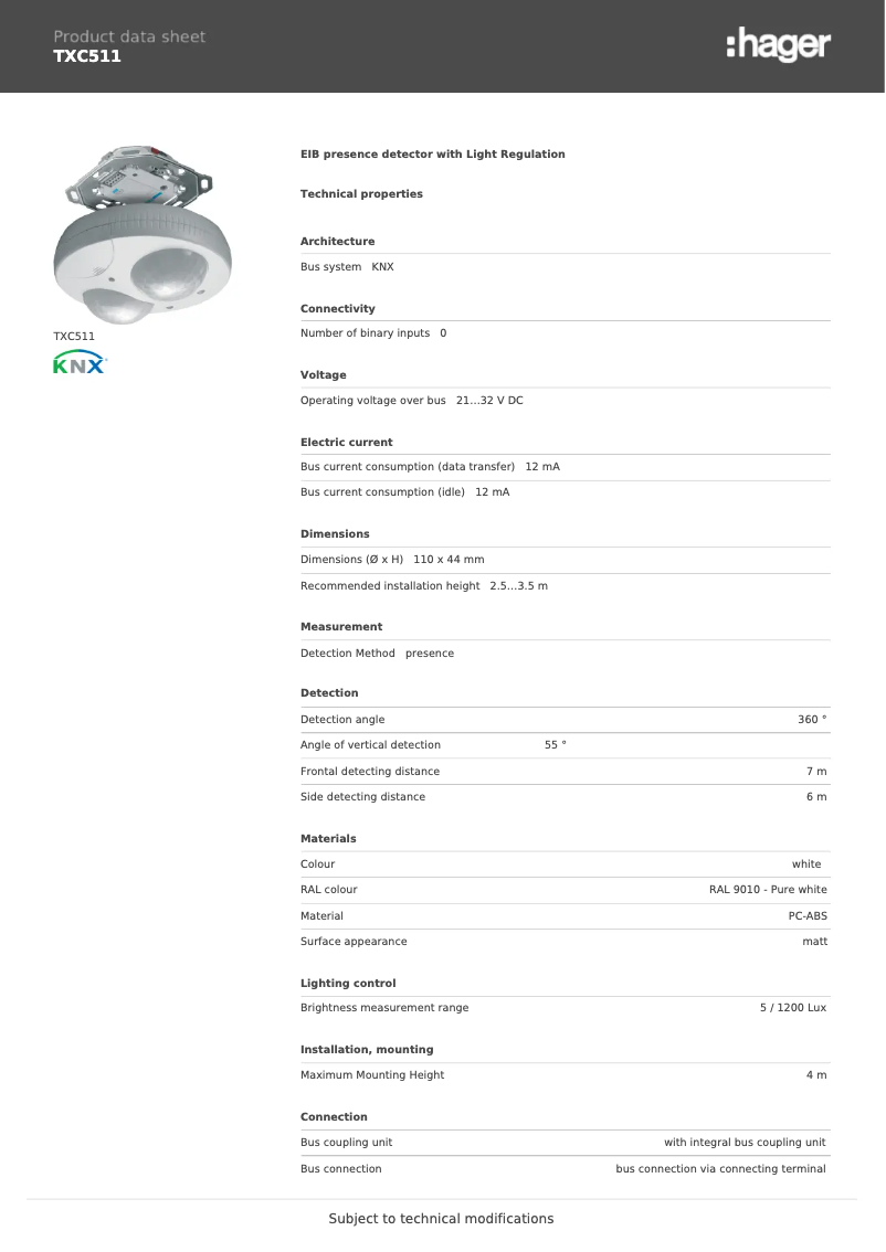 Page 1 de la notice Fiche technique Hager TXC511