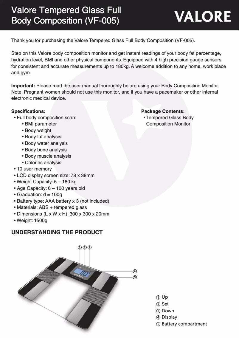 Page 1 de la notice Manuel utilisateur Valore VF-005