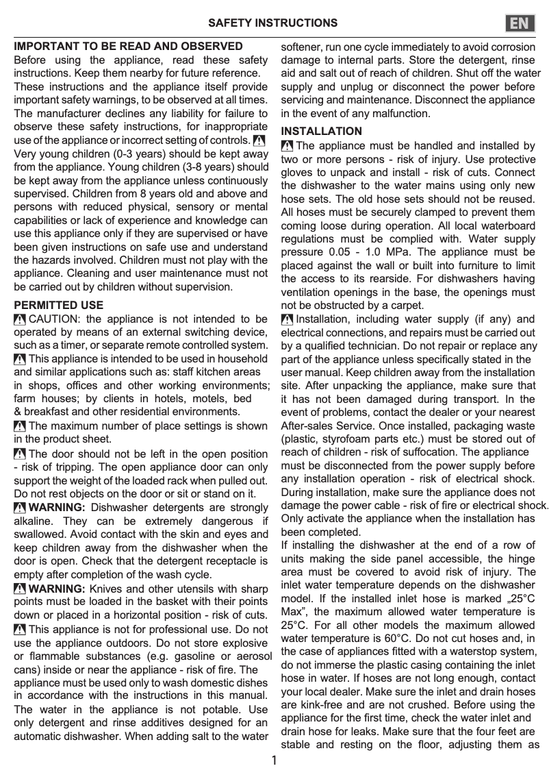 Page n°1 - Instructions de sécurité Indesit DFO 3T133 A F