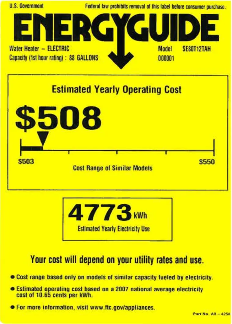 Page 1 de la notice Label énergétique GE SE80T12TAH