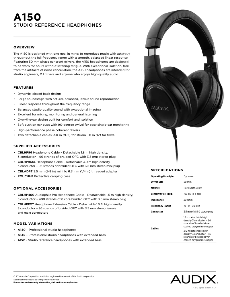Page 1 de la notice Fiche technique Audix A150