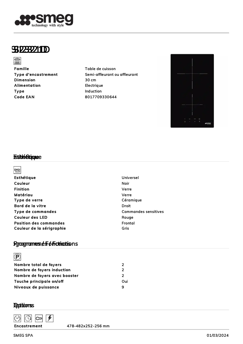 Page 1 de la notice Fiche technique Smeg SI2321D