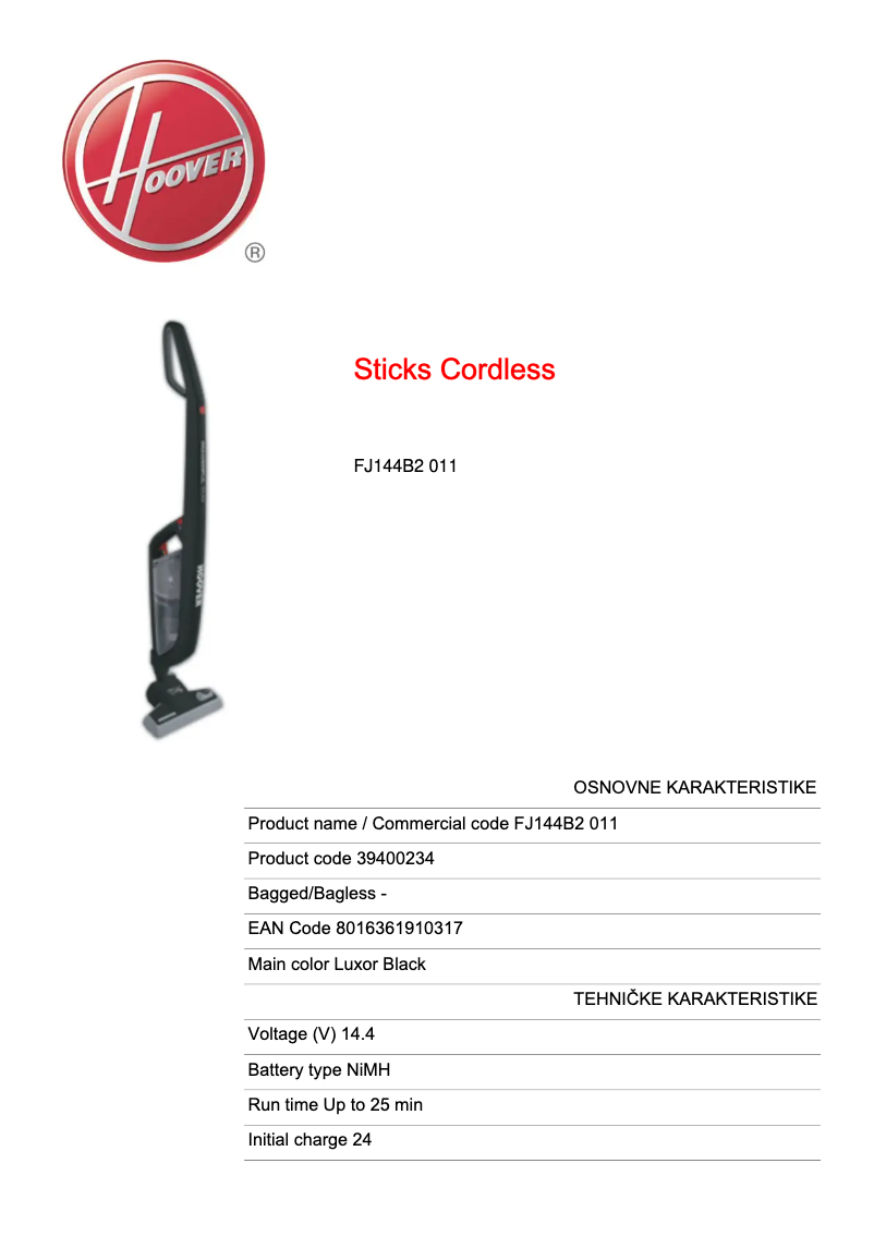 Page n°1 - Fiche technique Hoover FreeJet FJ144B2 011