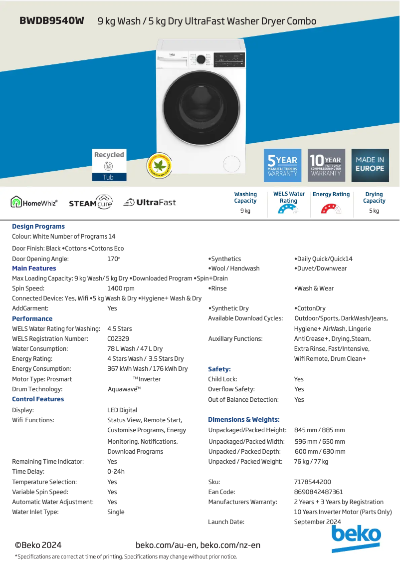 Image de la première page du manuel de l'appareil BWDB9540W