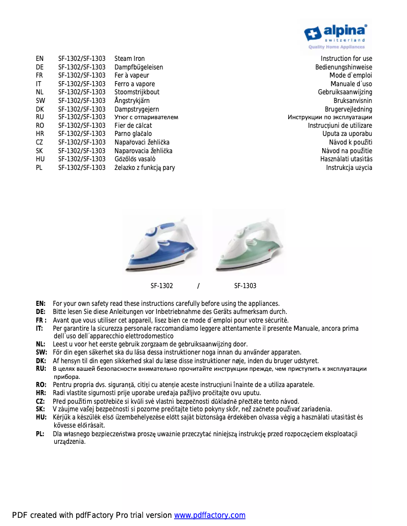 Page 1 of the manual User Manual Alpina SF-1303