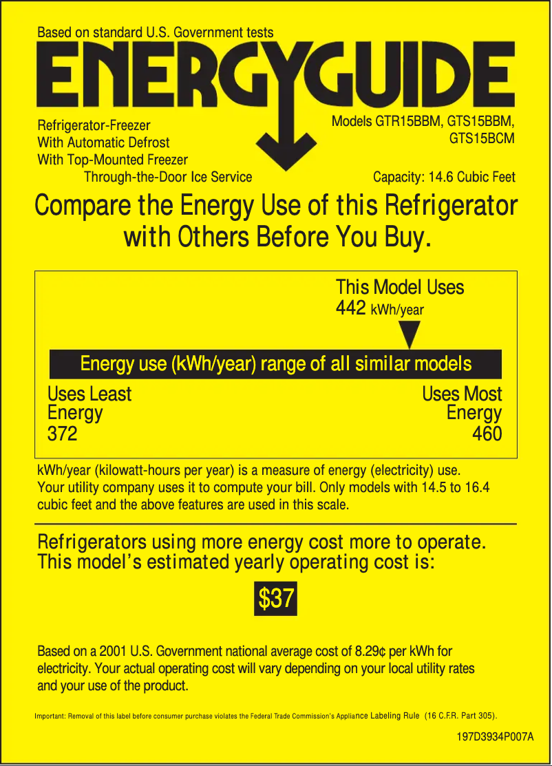 Page 1 de la notice Label énergétique GE GTS15BCMRCC