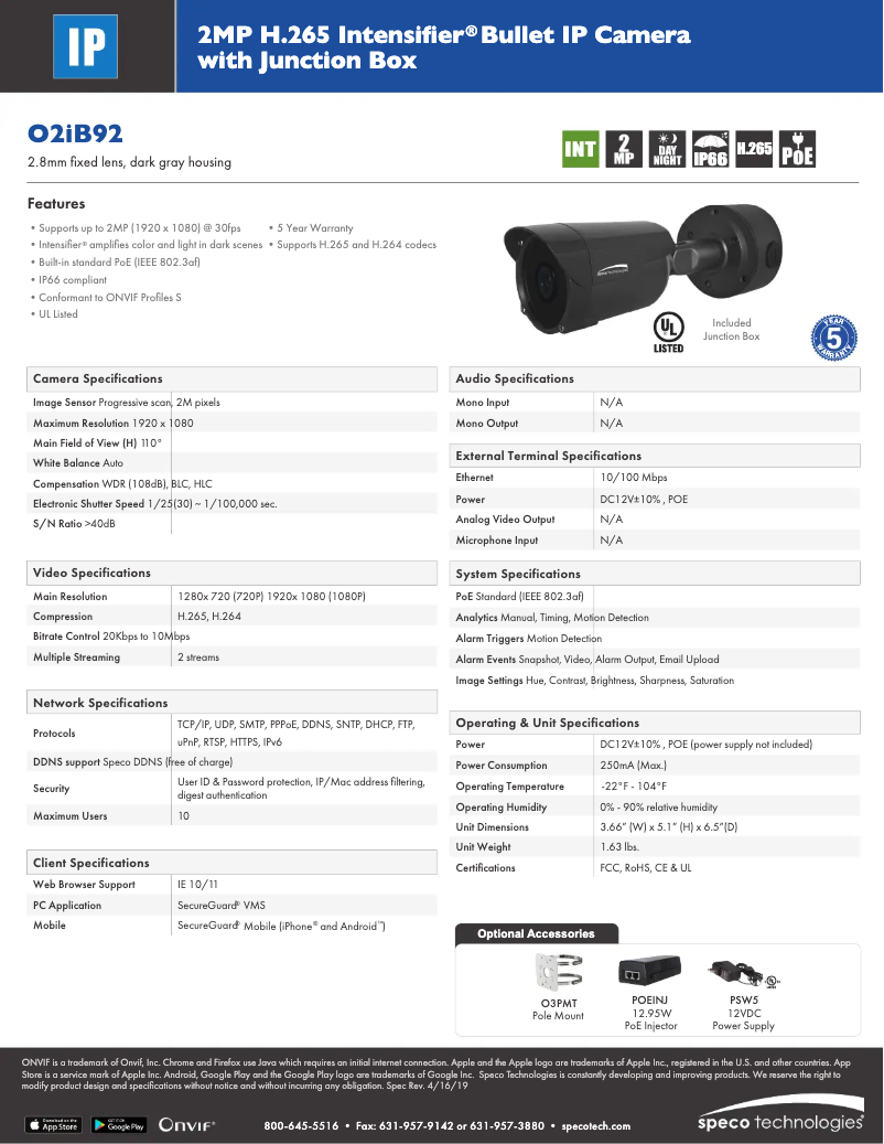 Page 1 de la notice Fiche technique Speco Technologies Intensifier O2IB92