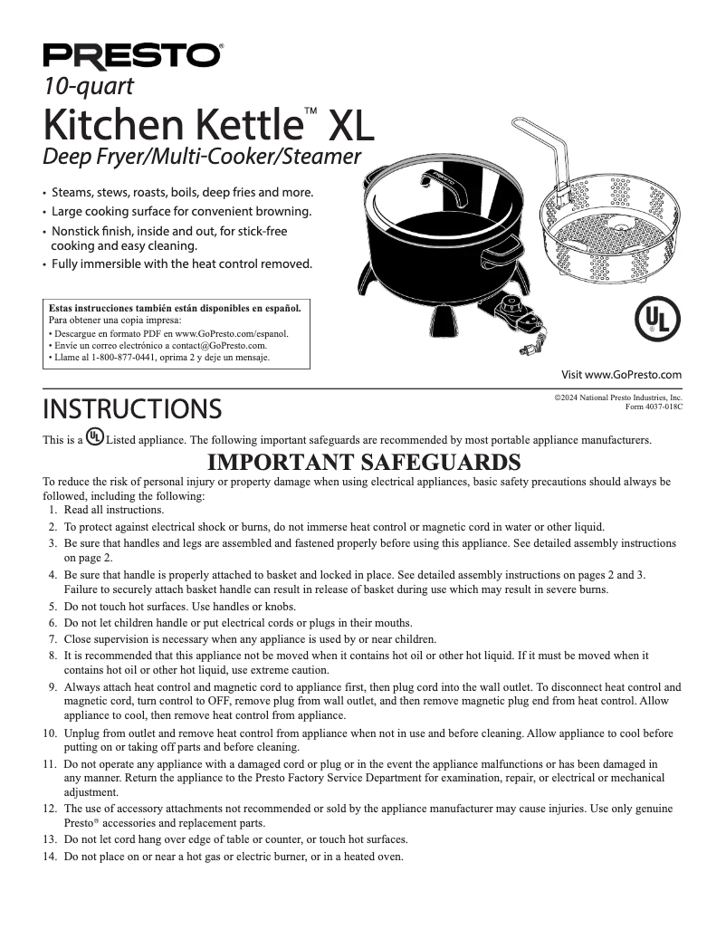 Page 1 de la notice Manuel utilisateur Presto 10-quart Kitchen Kettle XL