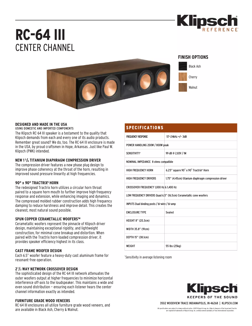 Page 1 de la notice Fiche technique Klipsch RC-64 III