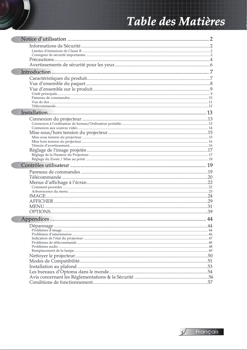 Page 1 de la notice Manuel utilisateur Optoma EP1691E