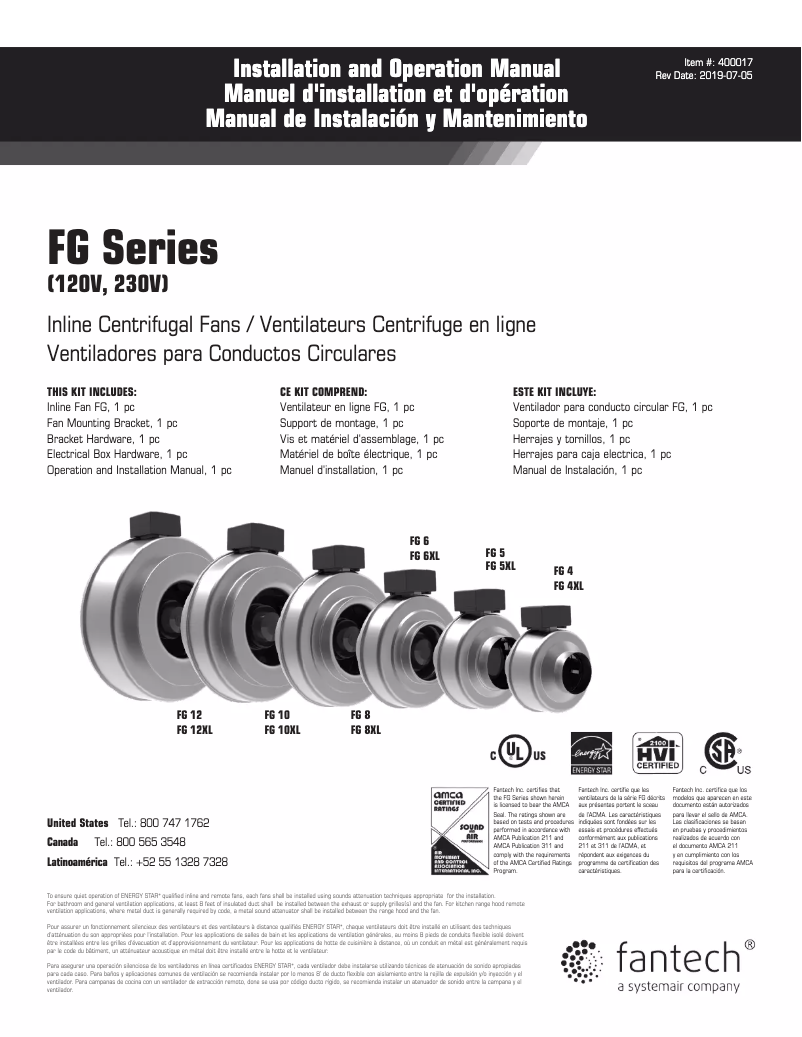Page 1 de la notice Manuel utilisateur Fantech FG4XL
