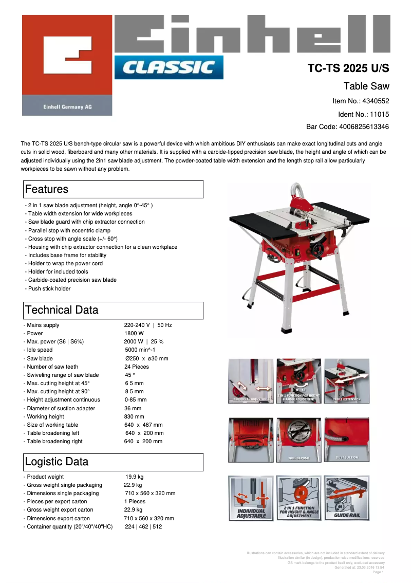 Page 1 de la notice Fiche technique Einhell TC-TS 2025 U/S