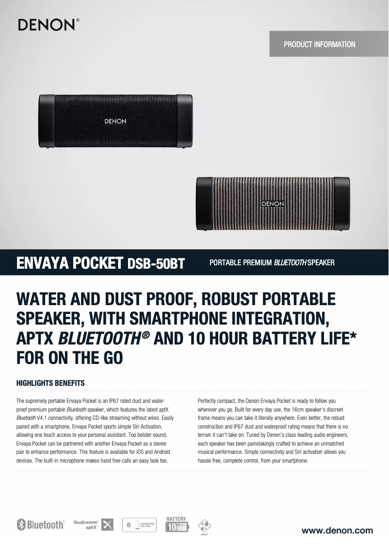 Page 1 de la notice Fiche technique Denon Envaya Pocket DSB-50BT